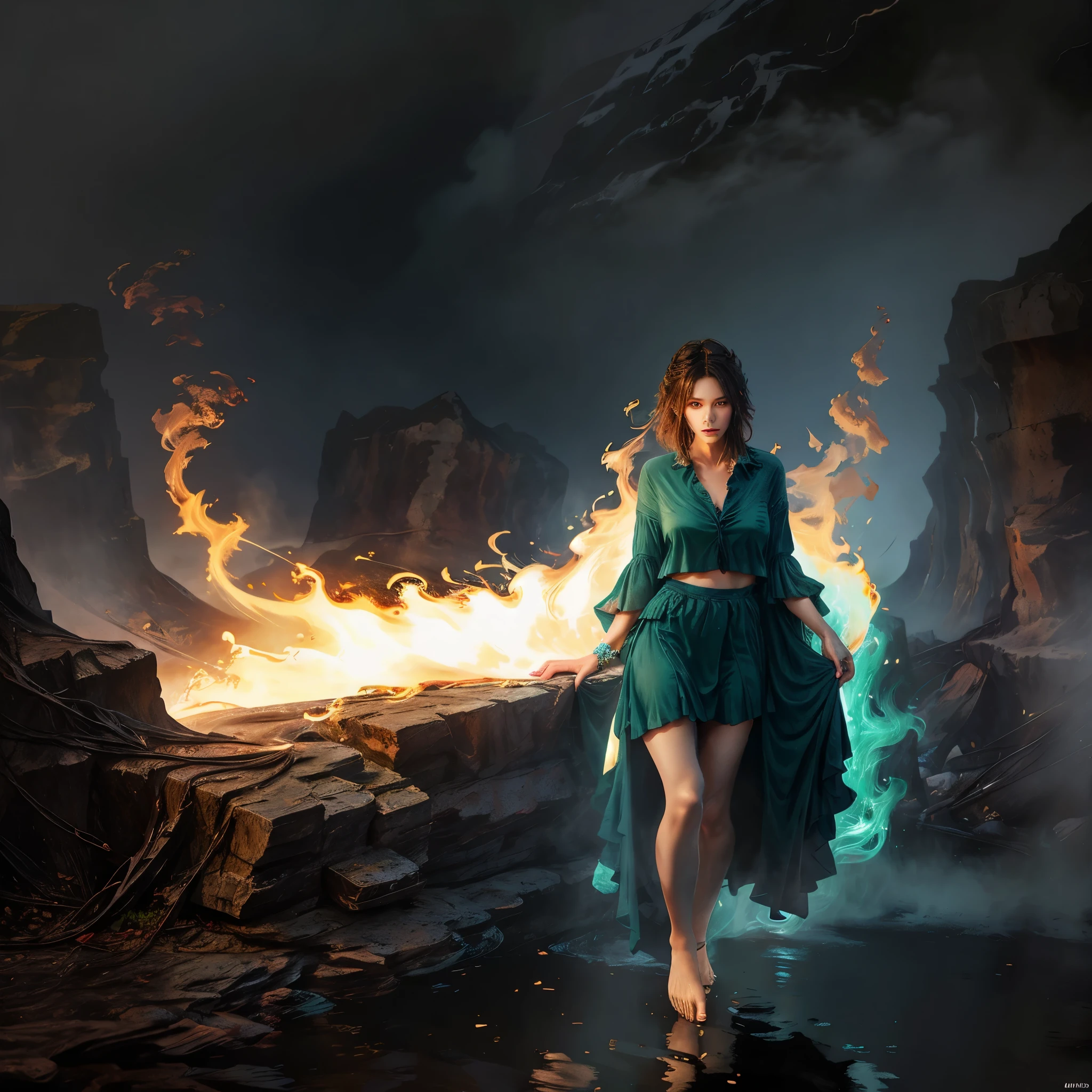 A highly detailed and hyper-realistic depiction of a princess in green skirt, in blue shirt, fire elemental girl, wearing white panties, Realistic hands. ((full body)), mybeauties, The perspective is from below. ((Full body, bare feet)). The character is surrounded by mist, evoking a mysterious and eerie atmosphere. The lighting is dark and atmospheric, with a red smoke adding a touch of sinister ambiance. The image is of the best quality, with a resolution of 4k and HDR enhancement, showcasing the utmost level of detail and realism, sfw, full body shot.