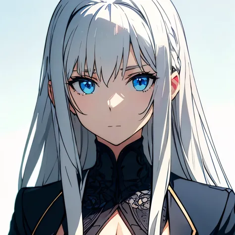 big tits,  1girl, at school, white background, silver hair, blue eyes, emotionless, detailed face, view at camera, school unifom...