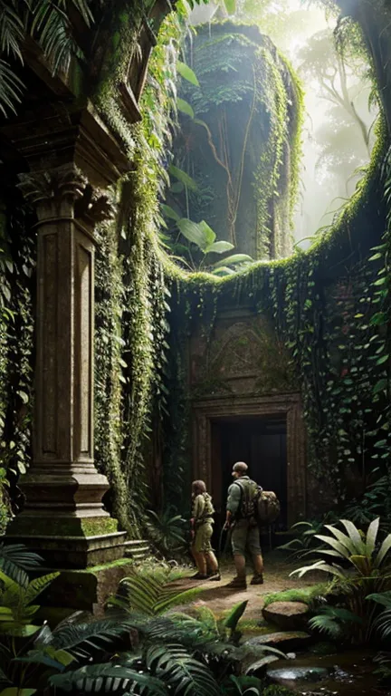"Hyper-realistic digital painting of a group of explorers discovering ancient ruins deep in a dense jungle. The ruins are covere...
