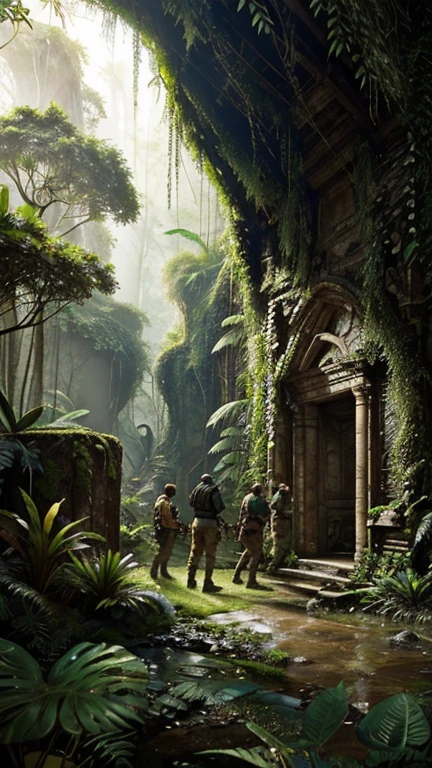 "Pintura digital hiper-realista de um grupo de exploradores descobrindo ruínas antigas nas profundezas de uma selva densa. As ruínas estão cobertas de vinhas e musgo, com esculturas e estátuas intrincadas parcialmente escondidas pela folhagem. Os exploradores, vestido com equipamento de aventura robusto, fique maravilhado, suas lanternas iluminando a detalhada cantaria. A selva está viva com uma vegetação vibrante, plantas exóticas, e os sons da vida selvagem. A cena captura a emoção da descoberta e a beleza da história intocada. composição cinematográfica, tendências no artstation."