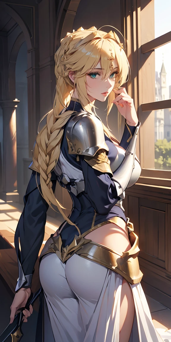 Artoria Lancer, Mulher Madura, elegante, cabelo loiro, olhos verdes, Curvilíneo, coroa, Ombro nu, tronco, Resolução 4k, alta qualidade, Hyperresolution，accuracy，Detailed rendering，（Subtle facial image）（Image of fine hair）（topquality）（Masterpieces of masters）（High degree of completeness）（A sense of atmosphere）tmasterpiece，Super detailed and super detailed（portrait), long blonde hair, (((twin braids)))(((ANKLE LENGTH HAIR))) (((Sakimichan))) (((blonde)))((Armor)) ((Halberd)))(((Tanned skin)))(((Twin hair braids)))