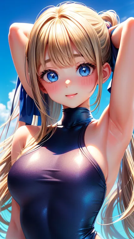 (perfect anatomy, balanced ratio, very cute illustration:1.1), poolside, open your mouth、blonde, blue eyes, wavy long hair, pony...