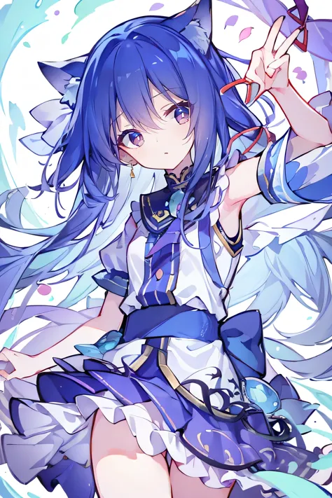 （masterpiece：1.2），Super detailed，lifelike，Expressive eyes，fair skin，perfect face shape，1 girl，
Japanese comics,Gorgeous blue hair,flowing blue hair,flowing clothes,Cat ears,Petals fall,beautiful lola,Baby Angel,
Shaking head with one hand，Cross your legs，，The pavilion is cool and comfortable,smile,back views,sunrise,Petals fall