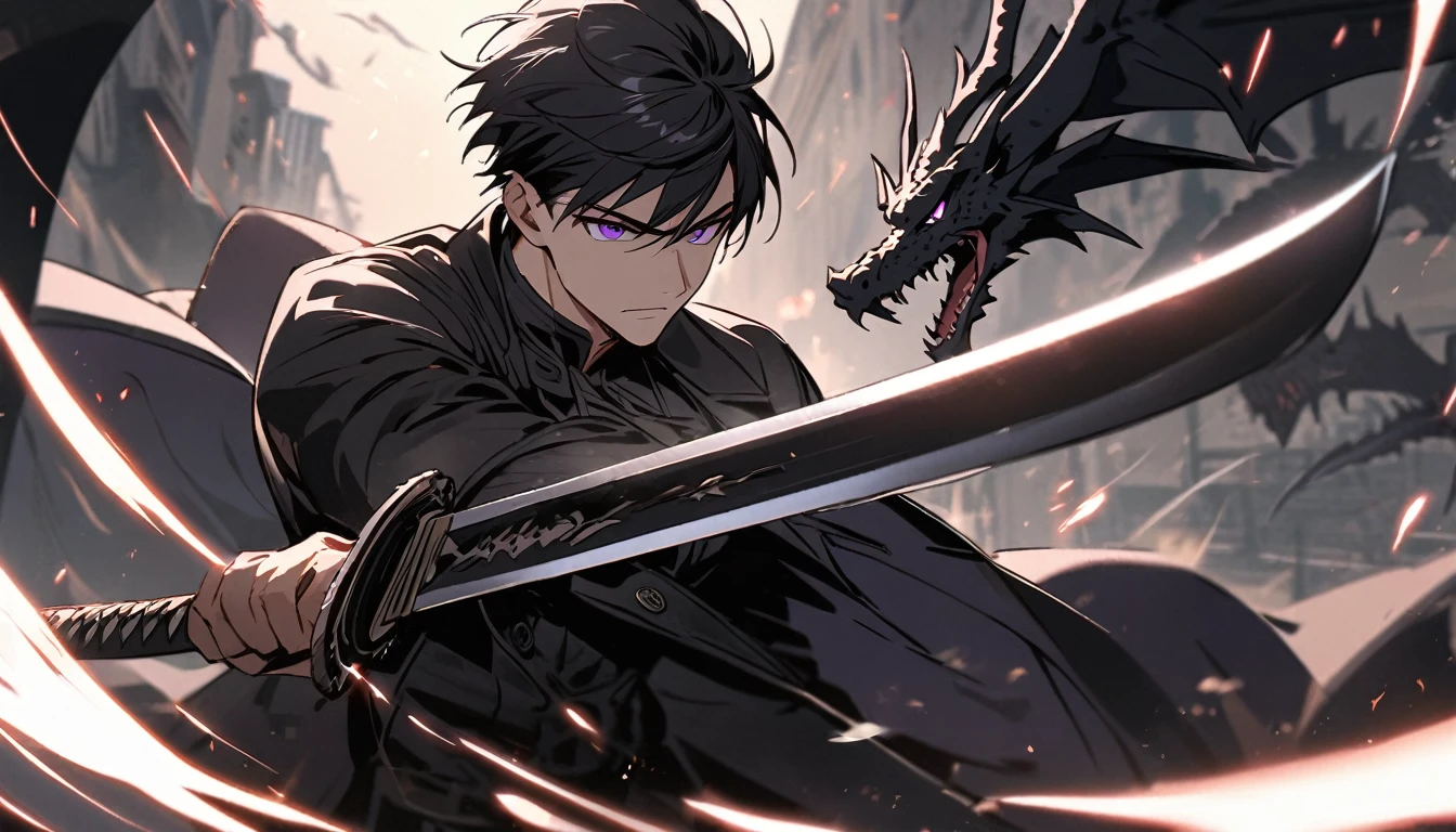 handsome, alone, 1 man, short hair, black hair, purple eyes, black shirt, black coat,fight with sword ,Fighting with a black dragon