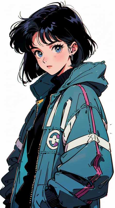 Best image quality, 90s style anime, 21 year old girl, Black Hair, Short hair with bangs, Slanted Eyes, Wearing a loose parka, 9...