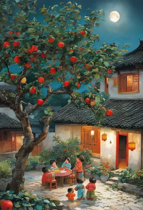 china 70s，moonlight，village courtyard，warm home，patio，apple tree，happy little ones