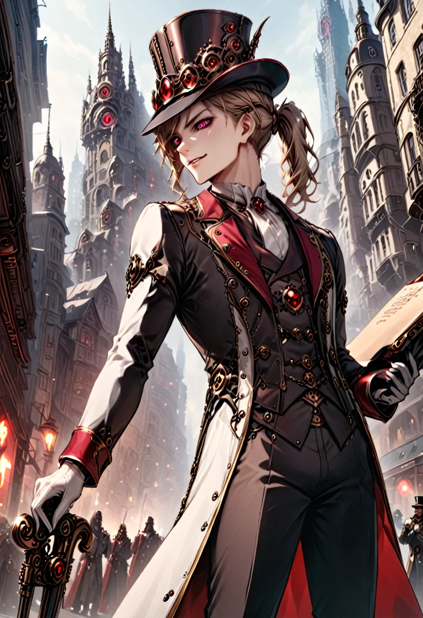 One young boy, red ruby eye, beautiful face like girl, ponytailed blonde, in noble suit. City background. Hat. Cane. Noble. Devil Smile.