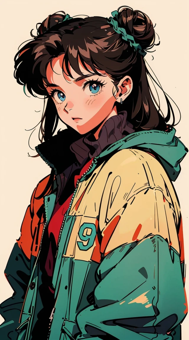 Best image quality, 90s style anime, 21 year old girl, Brown Hair, Long hair in a bun at the back, Gentle eyes, Wearing a loose parka, 90s fashion, White Background, 