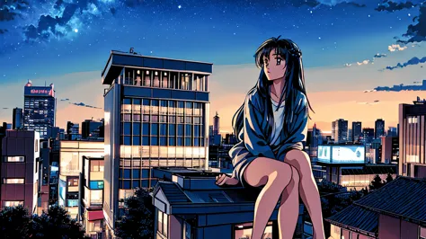 octans, sky, star (sky), scenery, starry sky, night, 1girl, night sky, solo, outdoors, building, cloud, sitting, tree, long hair...