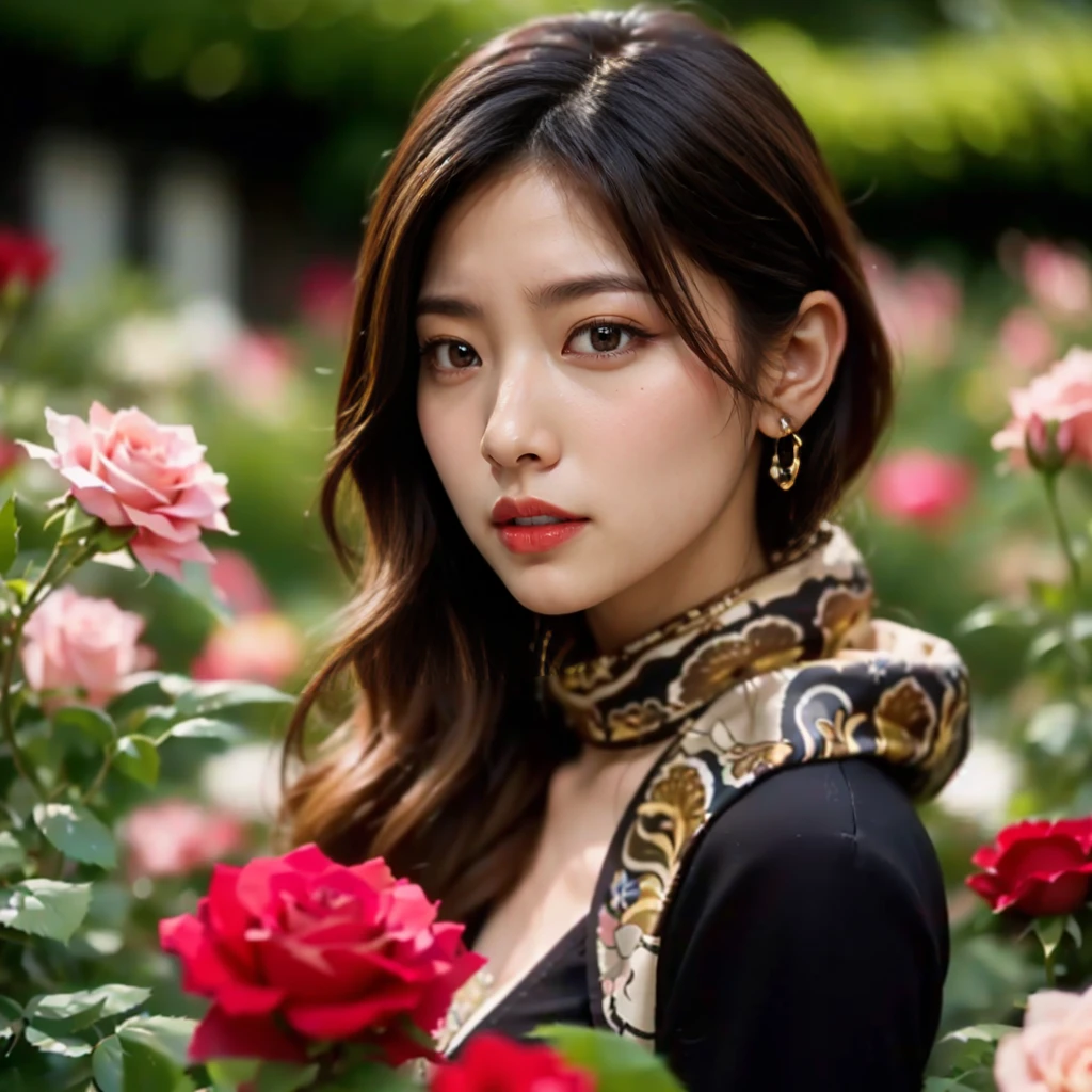 ((Highest quality、8k、masterpiece:1.3))、Ultra-high resolution、(photoGenuineistic:1.4)、RAW Photos、Long sleeve tops、Silky Hair、30-year-old woman、(Some of her hair is yellow:1.4)、Lots of rose flowers、Standing in a rose garden、Japanese、（A snake wraps around his neck：1.8）、(detailed aspects)、Genuine、Photographed in natural light、Highly detailed face and skin texture、Highly detailed lips、The correct state of the human body、Natural color lip、Shiny Hair、（Don&#39;t look at the camera：1.5）、