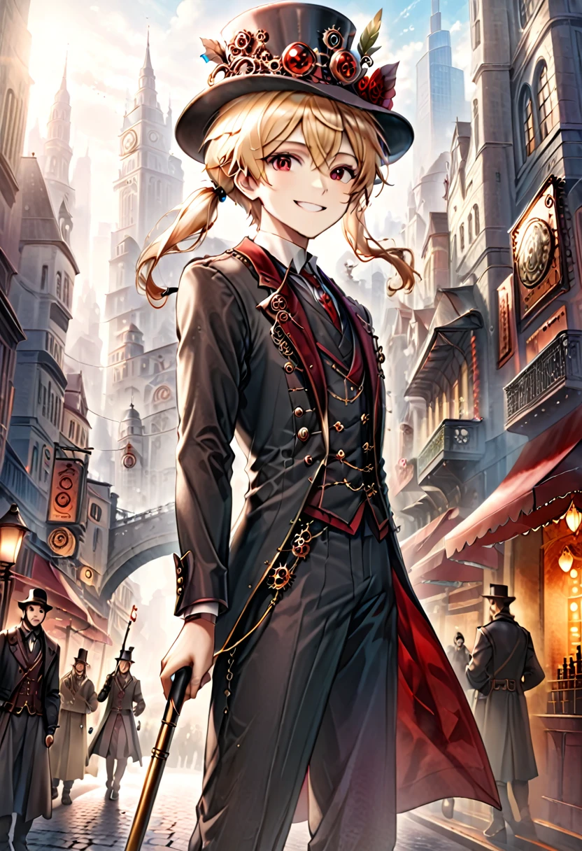 One young boy, red ruby eye, beautiful face like girl, ponytailed blonde, in noble suit. City background. Hat. Cane. Noble. Smile