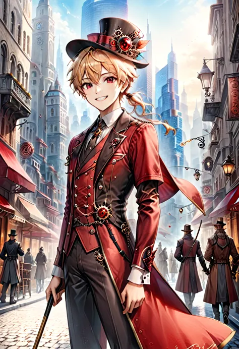 One young boy, red ruby eye, beautiful face like girl, ponytailed blonde, in noble suit. City background. Hat. Cane. Noble. Smil...