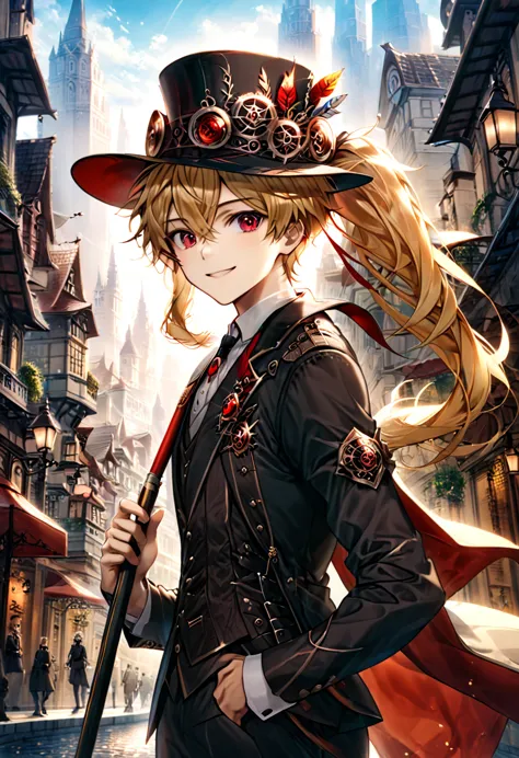 one young boy, red ruby eye, beautiful face like girl, ponytailed blonde, in noble suit. city background. hat. cane. noble. smil...