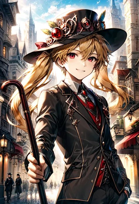 one young boy, red ruby eye, beautiful face like girl, ponytailed blonde, in noble suit. city background. hat. cane. noble. smil...