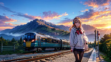 1 beautiful girl wearing headphones standing on the train tracks, with signs, landscape artwork, background art de anime, arte loepfe, detailed scenery – width 672, landscape artwork detalhada, arte loepfe style, beautiful anime landscape, made with anime painter studio, background art, anime country landscape, Bela arte UHD 4K, 8K anime art wallpaper, anime landscape