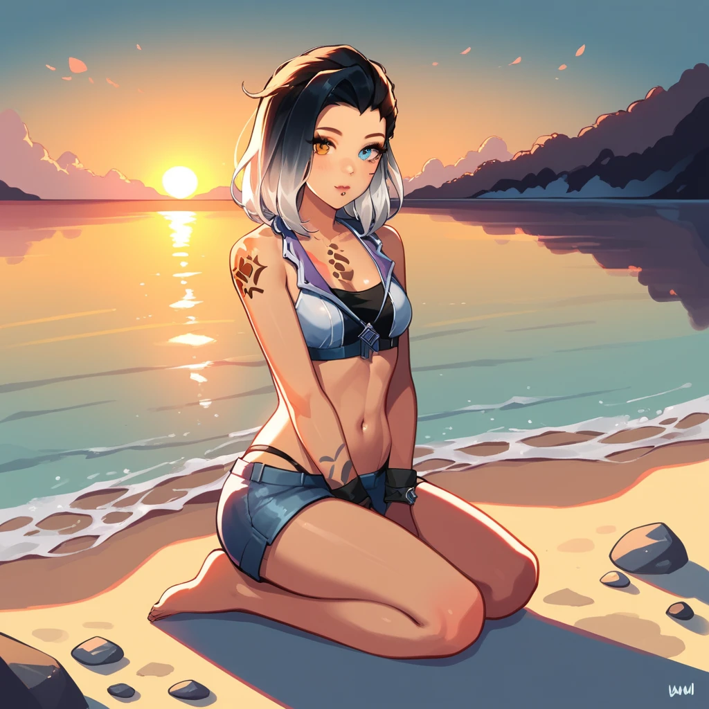 Beautiful picture of fade_valorant sitting on the beach enjoying the view, bikini, sitting on a rock, sunset, shoulders tattoo of a bear paw (8k)