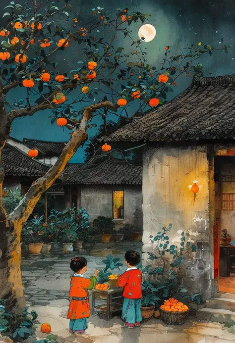 ink painting：china 70s，moonlight，village courtyard，warm home，patio，persimmon tree，happy little ones