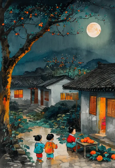 ink painting：china 70s，moonlight，village courtyard，warm home，patio，persimmon tree，happy little ones