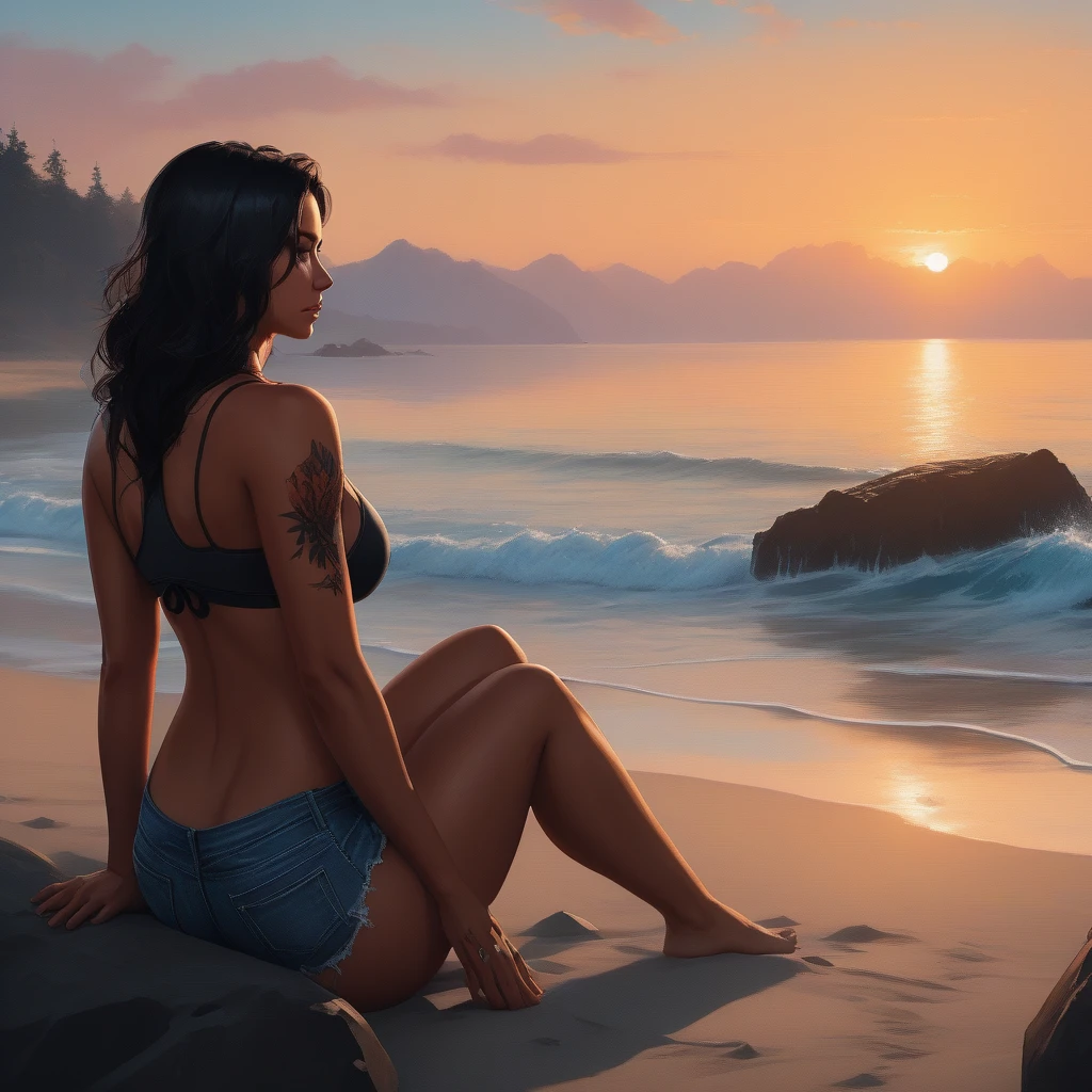 Beautiful picture of fade_valorant sitting on the beach enjoying the view, bikini, sitting on a rock, sunset, shoulders tattoo of a bear paw
