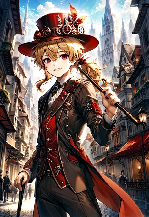 one young boy, red ruby eye, beautiful face like girl, ponytailed blonde, in noble suit. city background. hat. cane. noble. smil...