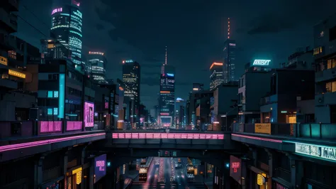 Cyberpunk HD night scene. Colorful neon lights in the night block. Eye-catching large sign fonts. Aerial photography effect. Straight passages are colorful. 