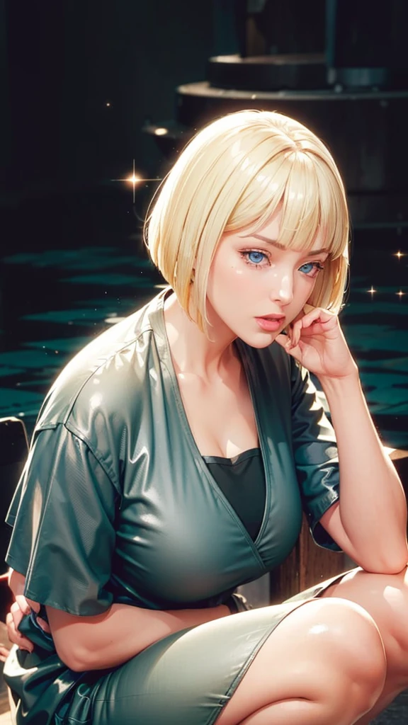 (（（Perfect body,White and tender skin,（（（BLACK KIMONO, CLEAVAGE, VAMBRACES,）））,（（（Samui, Blue eyes, blonde hair, short hair, bangs, blunt bangs,）））,((masterpiece)),high resolution, ((Best quality at best)),masterpiece,quality,Best quality,（（（ Exquisite facial features,Looking at the audience,There is light in the eyes,Poker face）））,Squatting，From below）））,（（（Light and shadow,Huge breasts，）））,（（（Looking at the camera,black background,)））),