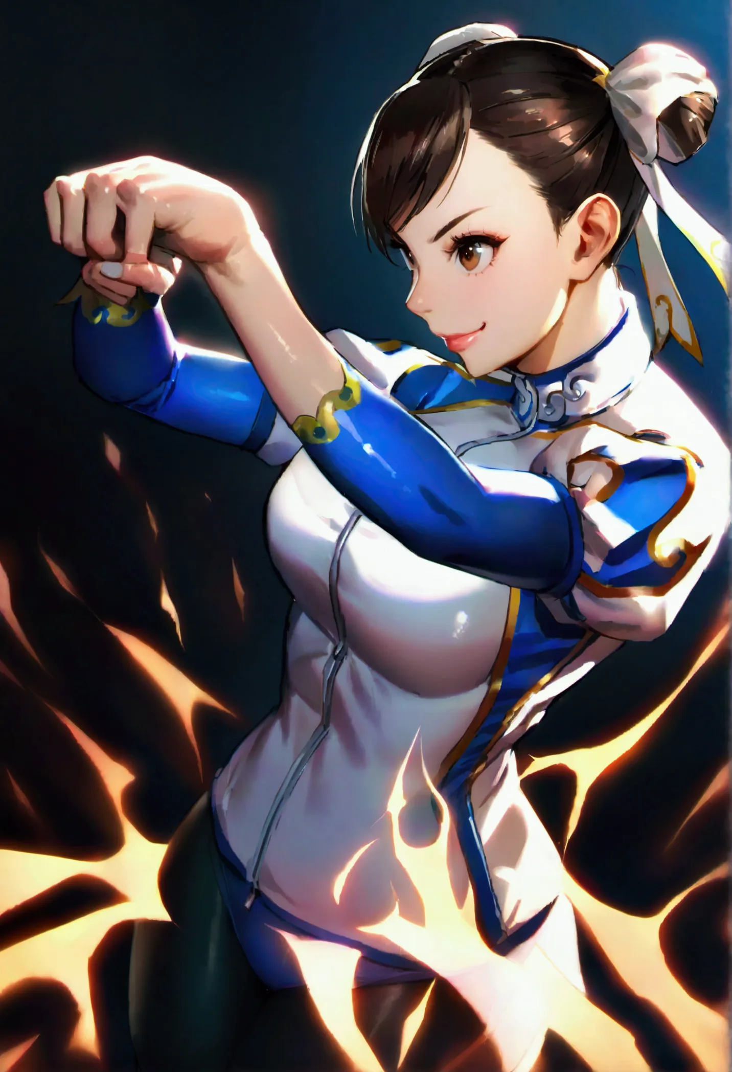 chun li,beautiful young fitness woman with , in a gym wearing may with black pantyhose, white and blue fitted gym jacket. standi...