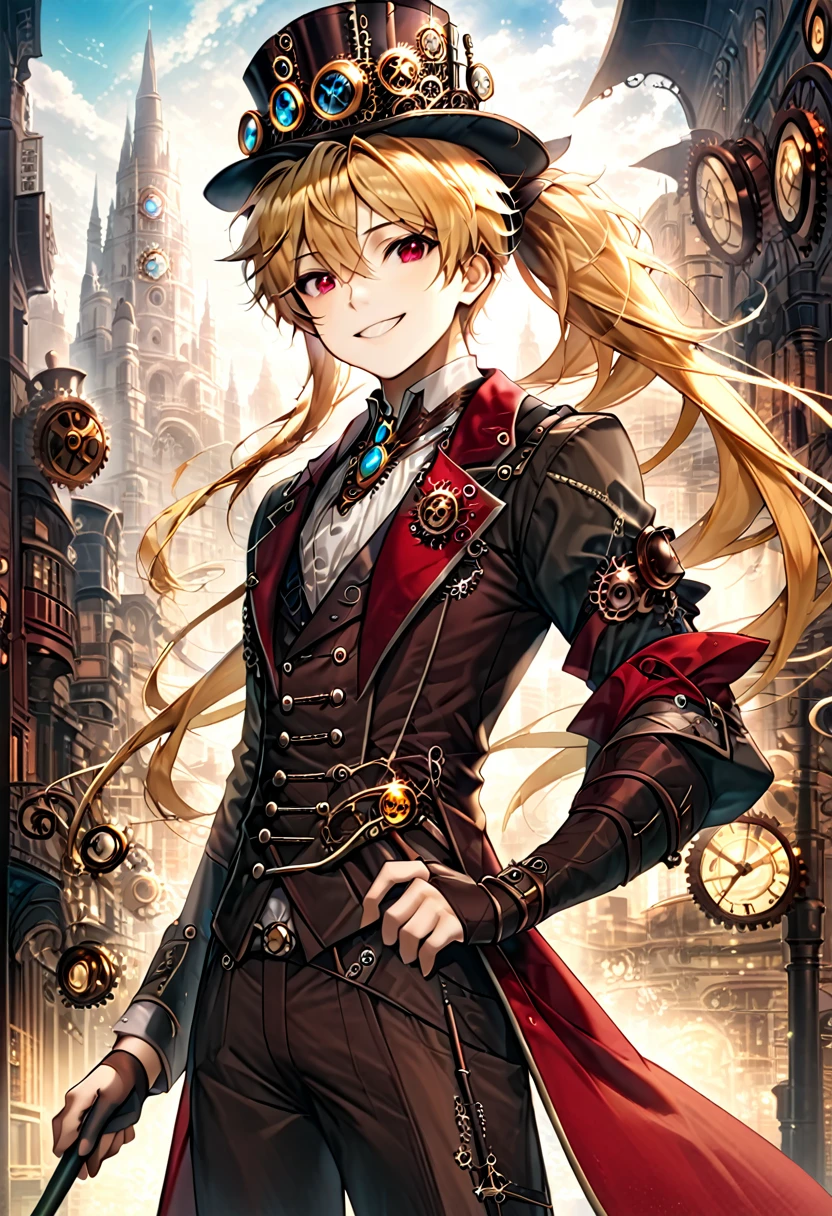 One young boy, red ruby eye, beautiful face like girl, ponytailed blonde, in noble suit. City background. Steampunk Hat. Cane. Noble. Smile