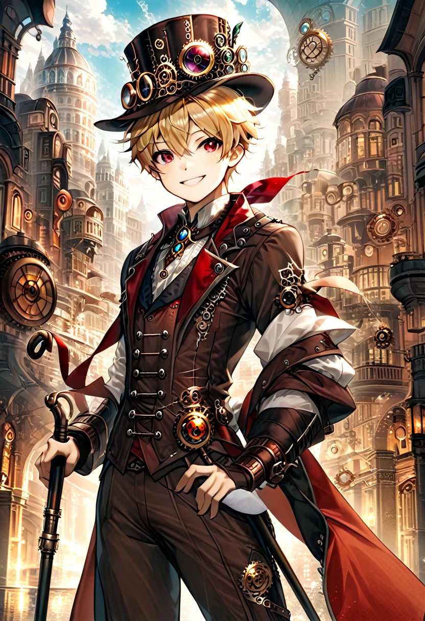 One young boy, red ruby eye, beautiful face like girl, ponytailed blonde, in noble suit. City background. Steampunk Hat. Cane. Noble. Smile