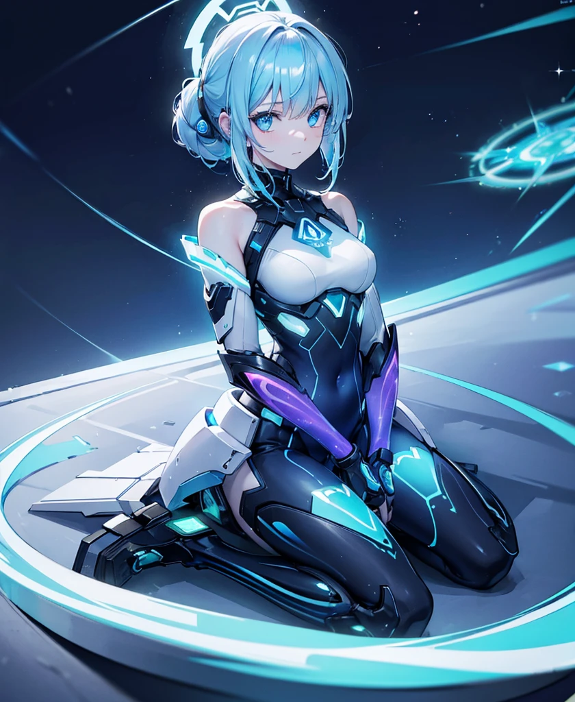 ((Holographic glow effect)),8k, Highest quality, (real:1.4), Original photo, 1 girl, Asari Hair, Biological Amplifier, refined armor, posture: Peace talks between warring factions, smart blue eyes,whole body