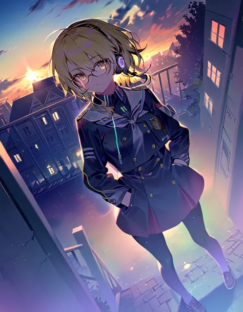 highest quality、high resolution、masterpiece、blonde short、glasses、uniform、high school girl、dusk and school building、headphone、put...