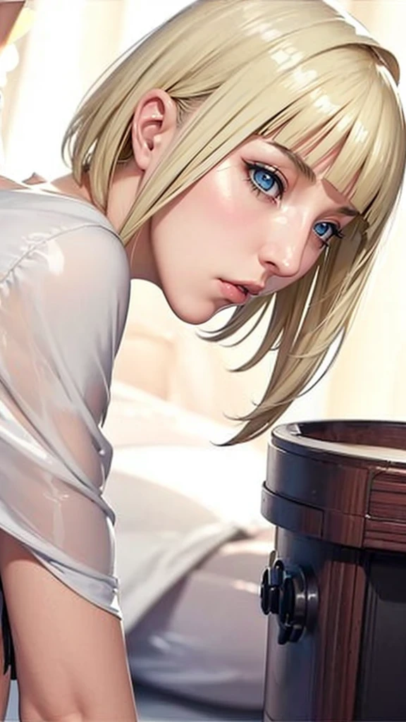 (（（Perfect body,White and tender skin,（（（BLACK KIMONO, CLEAVAGE, VAMBRACES,）））,（（（Samui, Blue eyes, blonde hair, short hair, bangs, blunt bangs,）））,((masterpiece)),high resolution, ((Best quality at best)),masterpiece,quality,Best quality,（（（ Exquisite facial features,Looking at the audience,There is light in the eyes,Poker face）））,From the back）））,（（（Light and shadow,Huge breasts，Plump buttocks）））,（（（Looking at the camera,black background,)））),