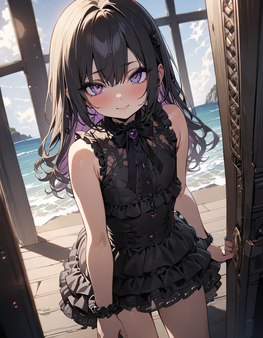 one beautifu girl floating in the sea using a floating ring,long straight gold ash hair,wearing Swim suit(put the element of goth loli).light smile,(masterpiece), (best quality), (ultra-detailed), (illustration), (detailed light),(an extremely delicate and beautiful),(beautiful details eyes),natural light, wide angle shot, and high quality photo.