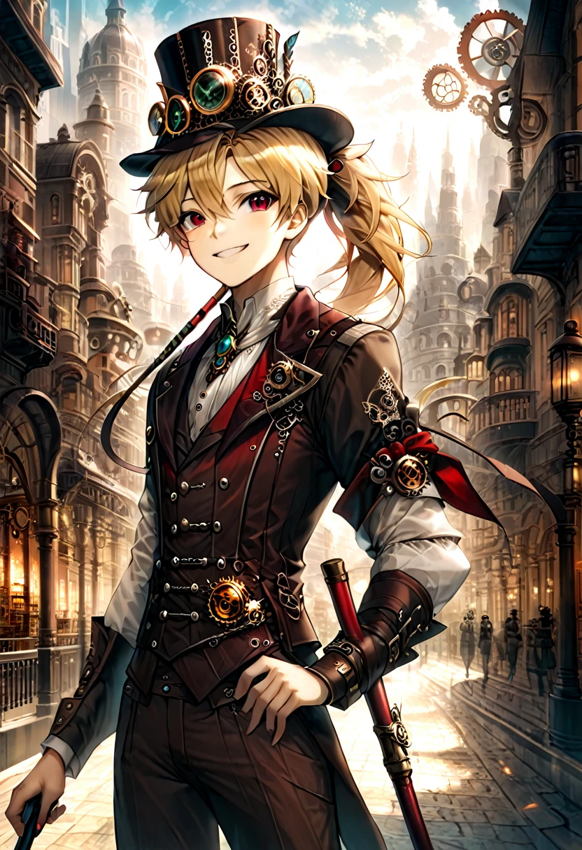 One young boy, red ruby eye, beautiful face like girl, ponytailed blonde, in noble suit. City background. Steampunk Hat. Cane. Noble. Smile