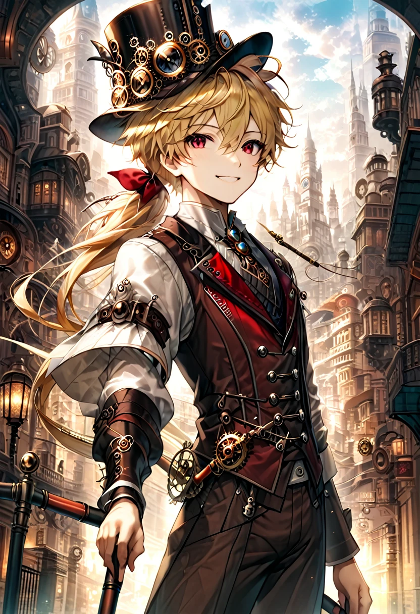 One young boy, red ruby eye, beautiful face like girl, ponytailed blonde, in noble suit. City background. Steampunk Hat. Cane. Noble. Smile