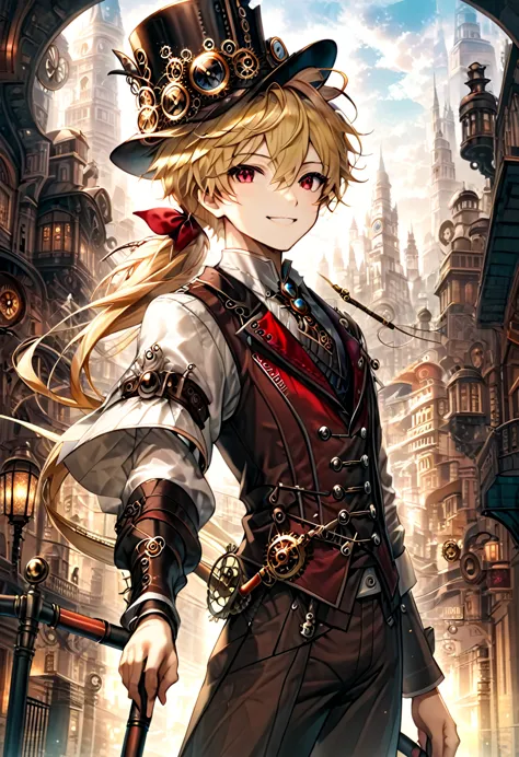 one young boy, red ruby eye, beautiful face like girl, ponytailed blonde, in noble suit. city background. steampunk hat. cane. n...