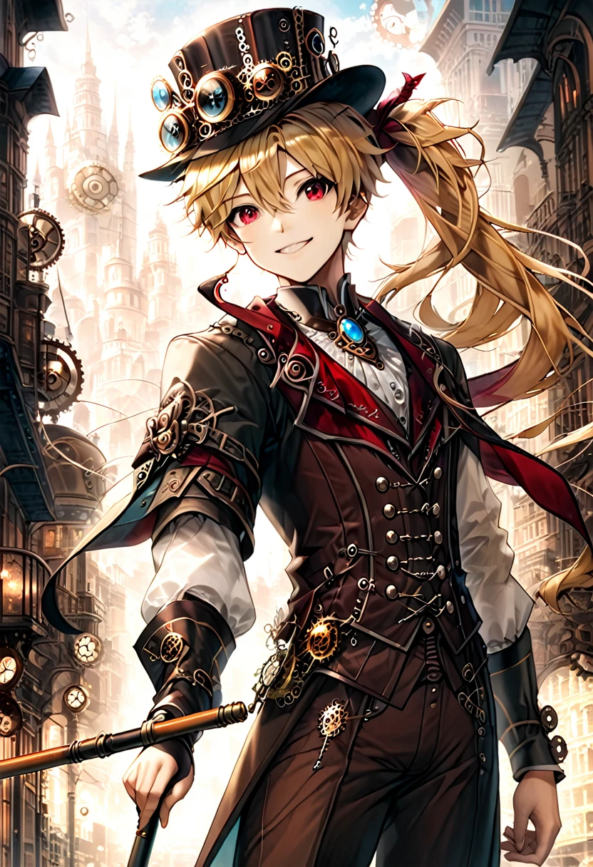 One young boy, red ruby eye, beautiful face like girl, ponytailed blonde, in noble suit. City background. Steampunk Hat. Cane. Noble. Smile