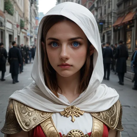 a full-body shot of princess zelda, brown hair, blue eyes, dressed as an assassin from assassins creed, in white+gold witha whit...