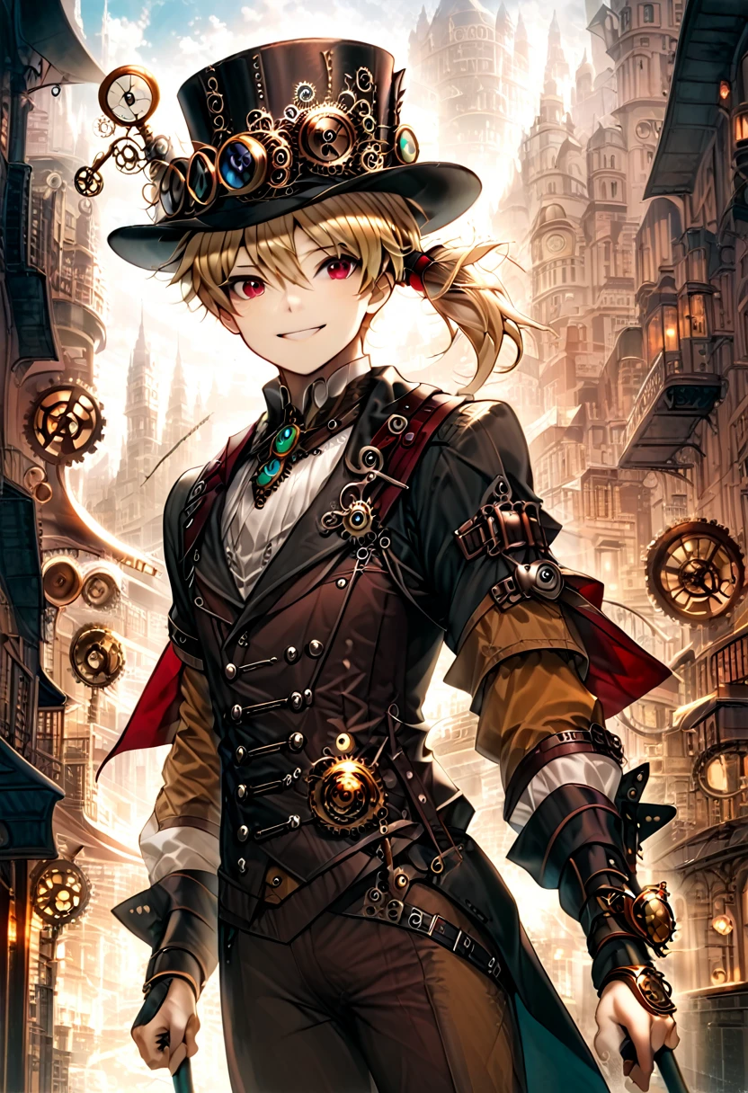 One young boy, red ruby eye, beautiful face like girl, ponytailed blonde, in noble suit. City background. Steampunk Hat. Cane. Noble. Smile