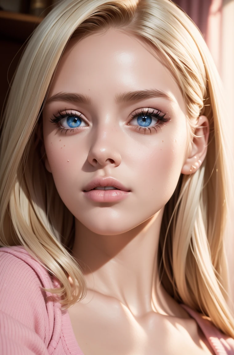 223 years, skinny blonde girl, young, adolescent, in her bedroom, (very detailed background, bedroom), wearing a crop top and jeans, pretty face, pink lips, Beautiful, Sweet, innocent, beautiful lighting, alone, shy, Very detailed face, (ultra realistic), Realistic skin, make up, lip filler, big pink bimbo lips, (bimbofication), neckline, big ass, ((Very detailed face, detailed eyes, eye contact) seducing the camera 