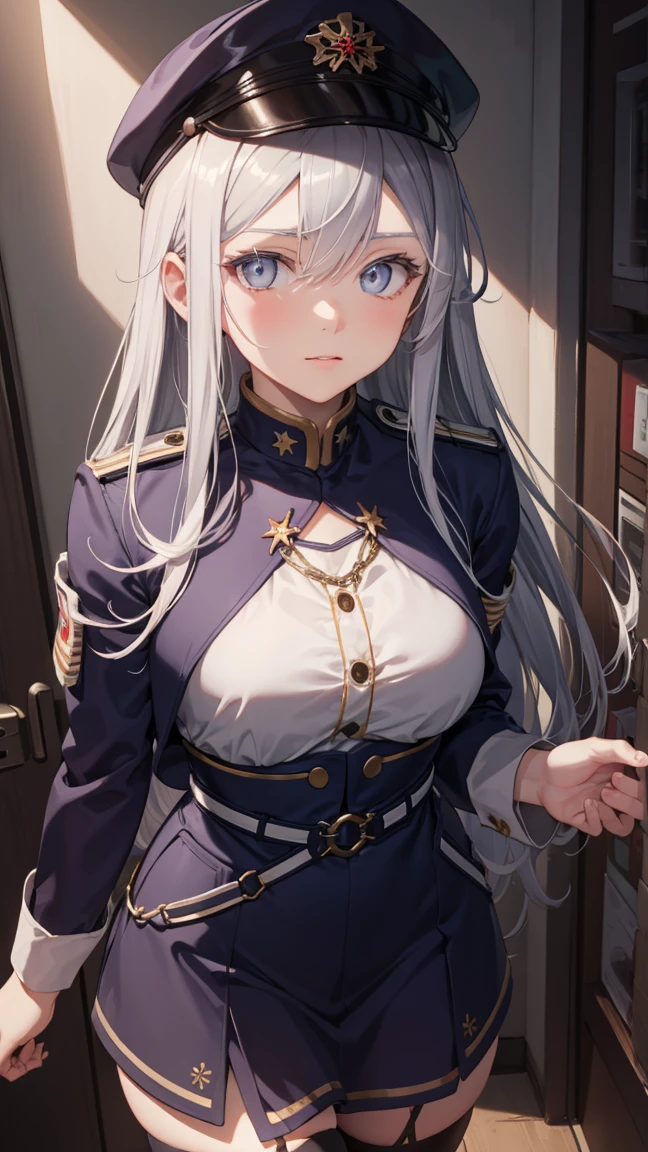 vladilenamilize, vladilena milize, (grey eyes:1.5), 1woman, mature woman, grey hair, hair between eyes, long hair, ahoge,nood
BREAK blue headwear, blue jacket, blue skirt, hat, jacket, military, military hat, military uniform, peaked cap, shirt, skirt,  thighhighs, uniform, white shirt,  white thighhighs,
BREAK looking at viewer,
BREAK indoors, military place,
BREAK (masterpiece:1.2), best quality, high resolution, unity 8k wallpaper, (illustration:0.8), (beautiful detailed eyes:1.6), extremely detailed face, perfect lighting, extremely detailed CG, (perfect hands, perfect anatomy),