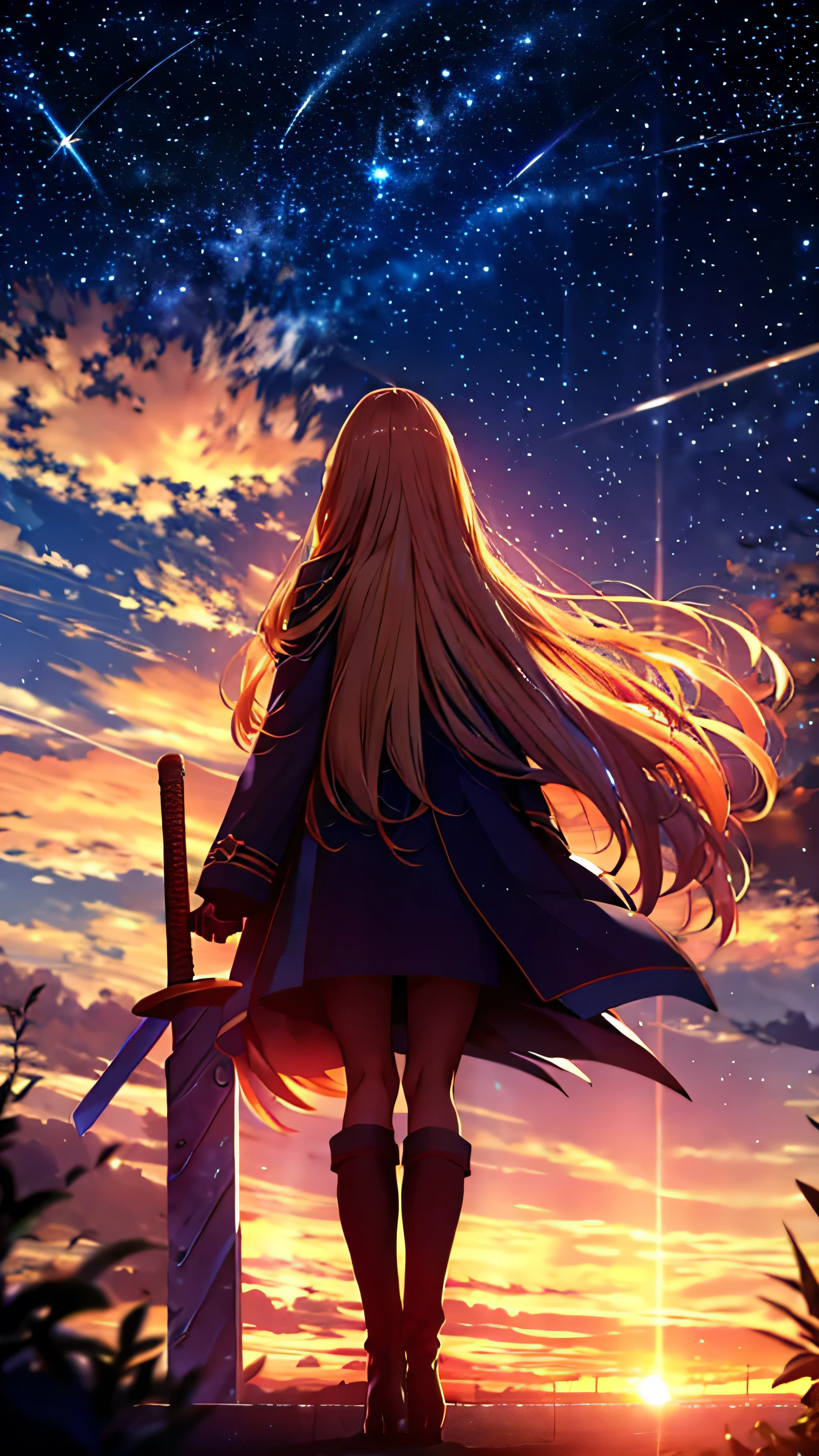 星空，１人们々,　{{blonde long hair}}，长大衣，剑，剪影， 后视图，太空天空, 动漫风格,