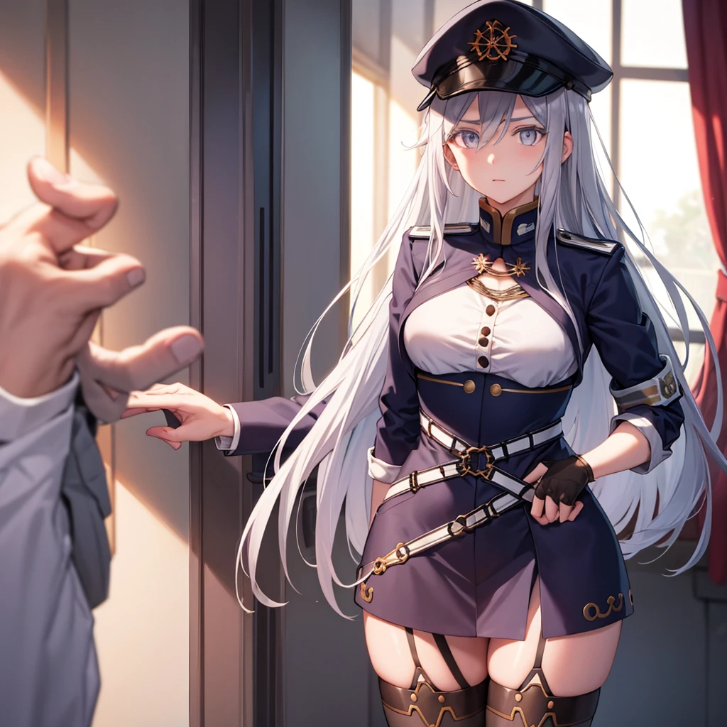 vladilenamilize, vladilena milize, (grey eyes:1.5), 1woman, mature woman, grey hair, hair between eyes, long hair, ahoge,nood ,BREAK blue headwear,  hat, military, military hat, peaked cap, thighhighs, uniform, BREAK looking at viewer, BREAK indoors, military place, BREAK (masterpiece:1.2), best quality, high resolution, unity 8k wallpaper, (illustration:0.8), (beautiful detailed eyes:1.6), extremely detailed face, perfect lighting, extremely detailed CG, (perfect hands, perfect anatomy),