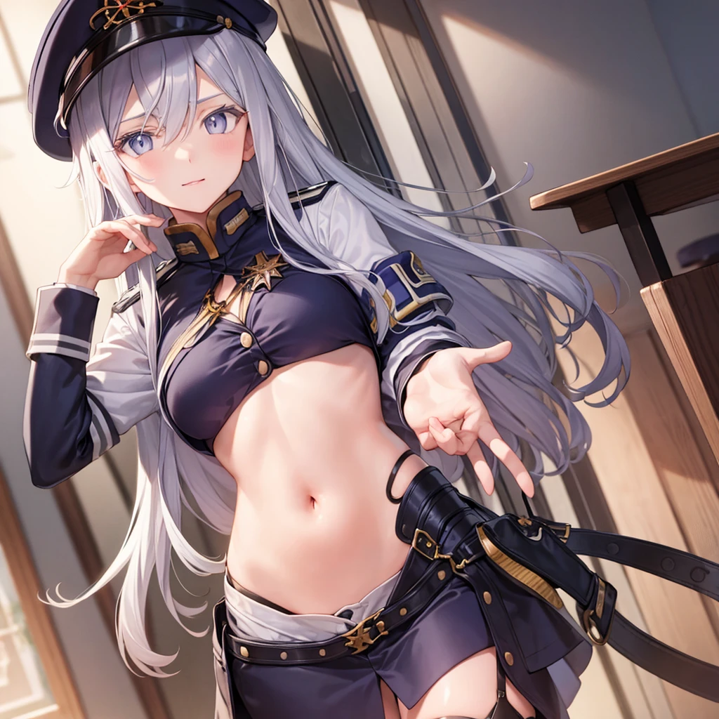 vladilenamilize, vladilena milize, (grey eyes:1.5), 1woman, mature woman, grey hair, hair between eyes, long hair, ahoge,nood ,BREAK blue headwear,  hat, military, military hat, peaked cap, thighhighs, uniform, BREAK looking at viewer, BREAK indoors, military place, BREAK (masterpiece:1.2), best quality, high resolution, unity 8k wallpaper, (illustration:0.8), (beautiful detailed eyes:1.6), extremely detailed face, perfect lighting, extremely detailed CG, (perfect hands, perfect anatomy),