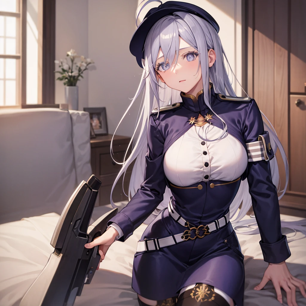 vladilenamilize, vladilena milize, (grey eyes:1.5), 1woman, mature woman, grey hair, hair between eyes, long hair, ahoge,nood ,BREAK blue headwear,  hat, military, military hat, peaked cap, thighhighs, uniform, BREAK looking at viewer, BREAK indoors, military place, BREAK (masterpiece:1.2), best quality, high resolution, unity 8k wallpaper, (illustration:0.8), (beautiful detailed eyes:1.6), extremely detailed face, perfect lighting, extremely detailed CG, (perfect hands, perfect anatomy),