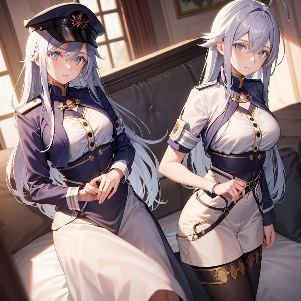 vladilenamilize, vladilena milize, (grey eyes:1.5), 1woman, mature woman, grey hair, hair between eyes, long hair, ahoge,nood ,BREAK blue headwear,  hat, military, military hat, peaked cap, thighhighs, uniform, BREAK looking at viewer, BREAK indoors, military place, BREAK (masterpiece:1.2), best quality, high resolution, unity 8k wallpaper, (illustration:0.8), (beautiful detailed eyes:1.6), extremely detailed face, perfect lighting, extremely detailed CG, (perfect hands, perfect anatomy),