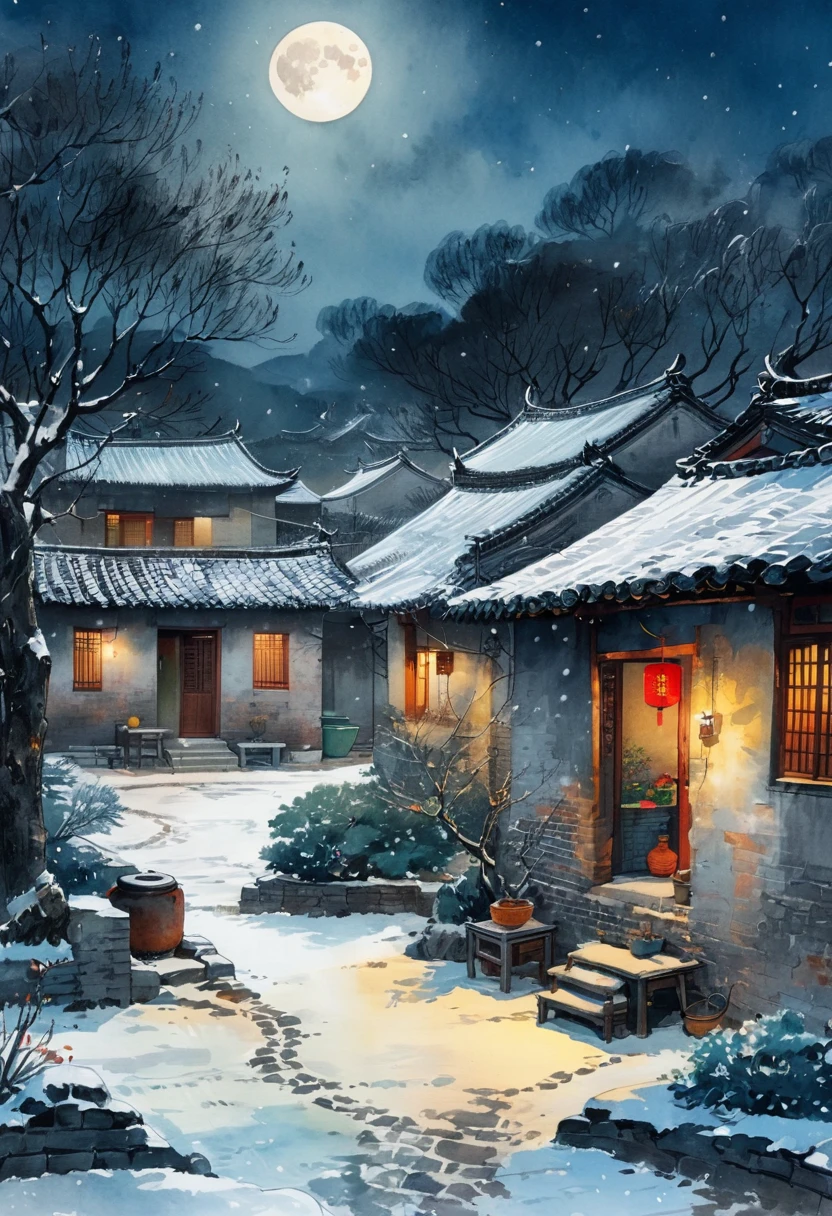 Ink Painting：China 70s，winter，heavy snow，moonlight，Village courtyard，Warm home，patio，chimney，Tree，The Trail，Water tank in the yard，Happy little ones