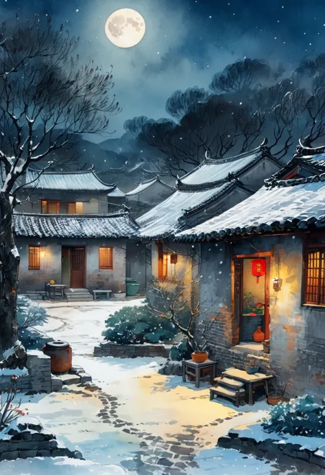 ink painting：china 70s，winter，heavy snow，moonlight，village courtyard，warm home，patio，chimney，tree，the trail，water tank in the ya...