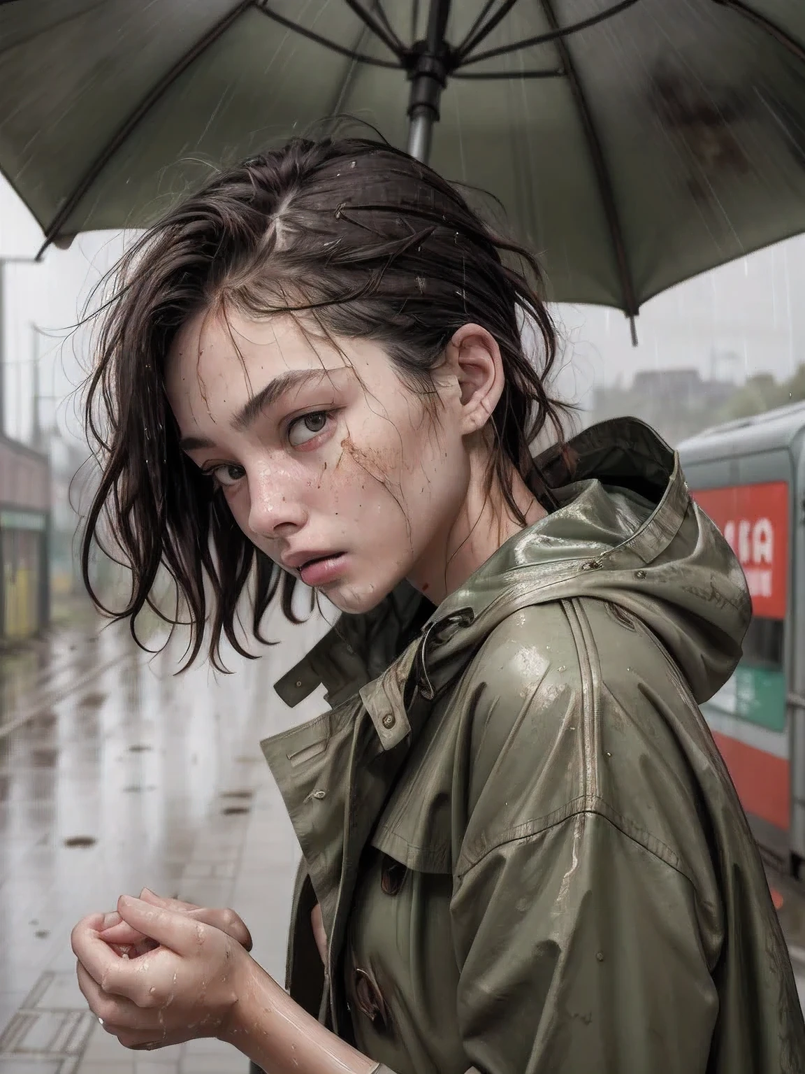 masterpiece, best quality, 2girls, (closeup:1.5), 18yo teen, slim, small breast, side view, sad, tired, dirty face, green raincoat, (backpacks), heavy rain, downpour, wasteland, train station, industrial ruins, grey, desolate, rain, dark, watercolor, analog, ((open coan:1.4)), ((topless:1.3))