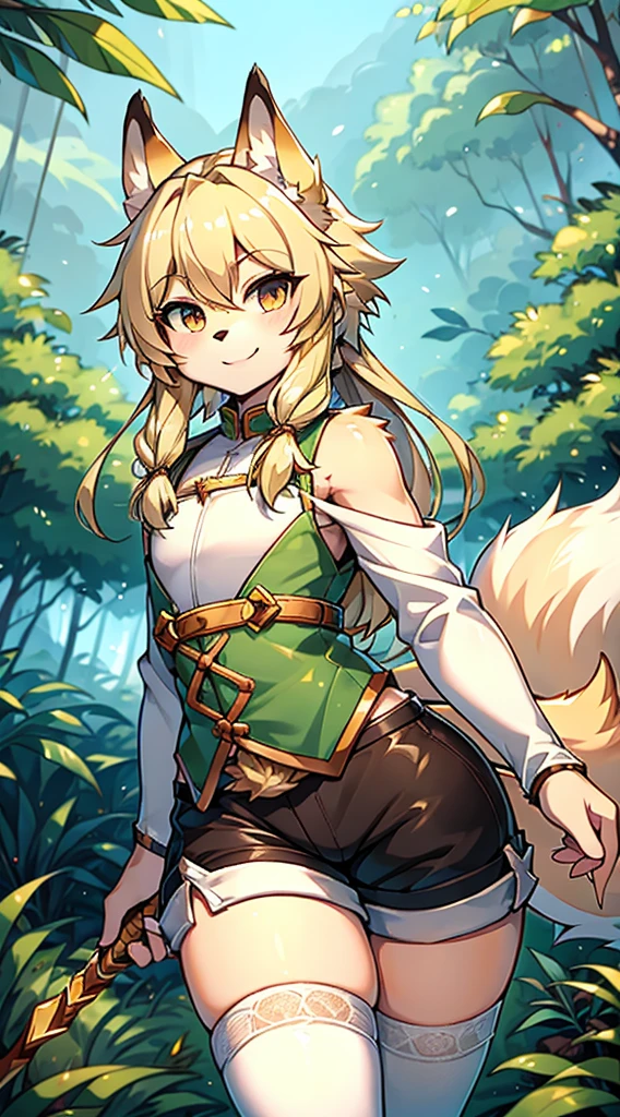 Wolf Boy，Wolf-eared boy，Archer Boy，Smile，cute，Tail，狼Tail，金色Tail，Hunter Junior，furry，furry，hairy，Blonde hair all over，Golden fur，Golden fur，Green Archer Costume，quiver，背着quiver，Long hair，blond，hunter costume，hunter costume，furry，White silk knee socks，White knee socks，White lace over-the-knee socks，Shorts Leather Shorts，Big Ass，Pseudo-sissy ass，femboy，绿色hunter costume，Forest Background，Jungle Background，Outdoor Background